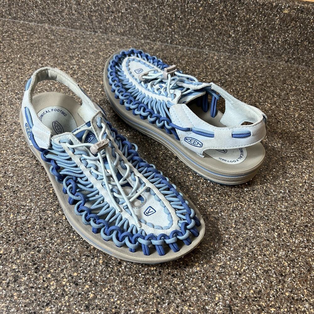 Keen Uneek Sandals Women's Sz 10.5 Blue Woven Bungee Lacing Hiking Trail Slip On